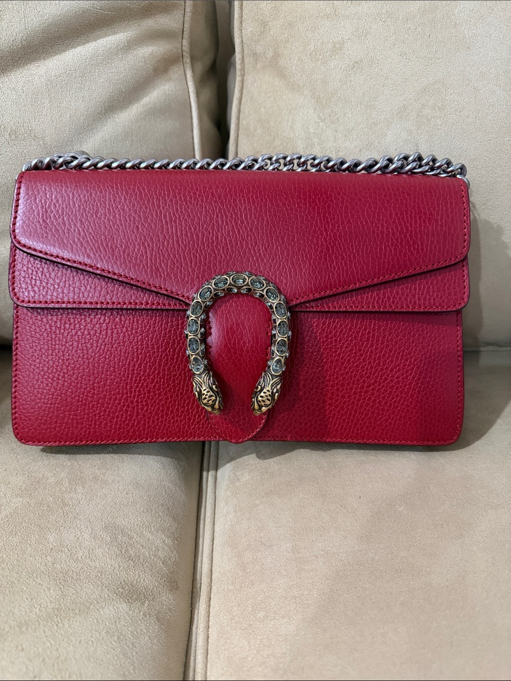 Gucci Dionysus Red Leather Chain Shoulder Bag with Ornate Horsebit Accent